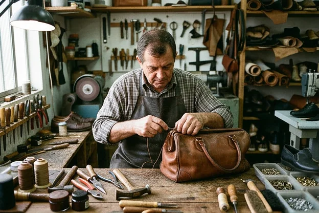 Sapateiro em Alvorada realizando reformas em bolsa de couro com ferramentas adequadas.